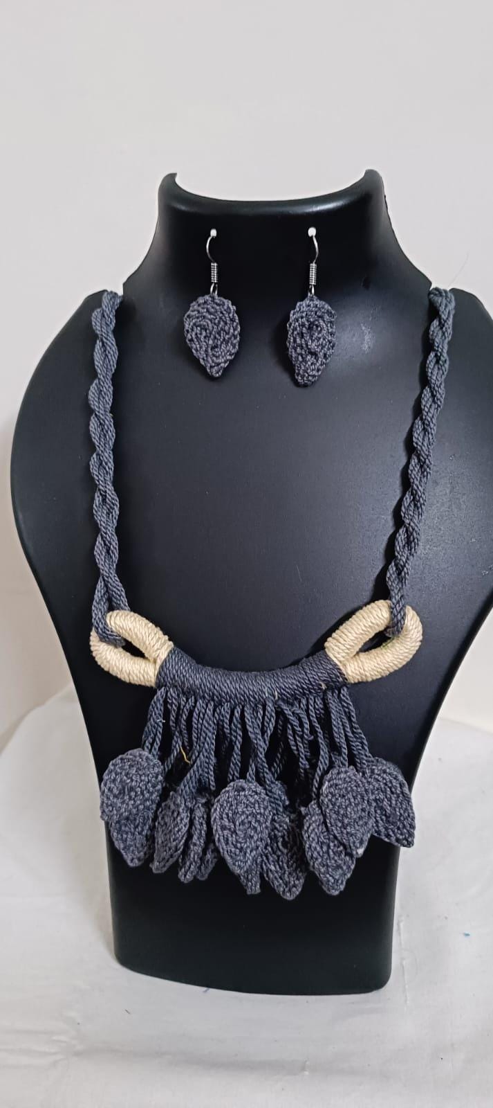 Grey Crochet thread necklace set with leaf fringes and matching earrings