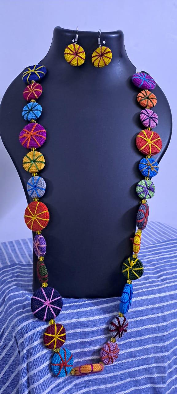 Exclusive multicoloured flat thread beads long necklace set with matching earrings (yellow)