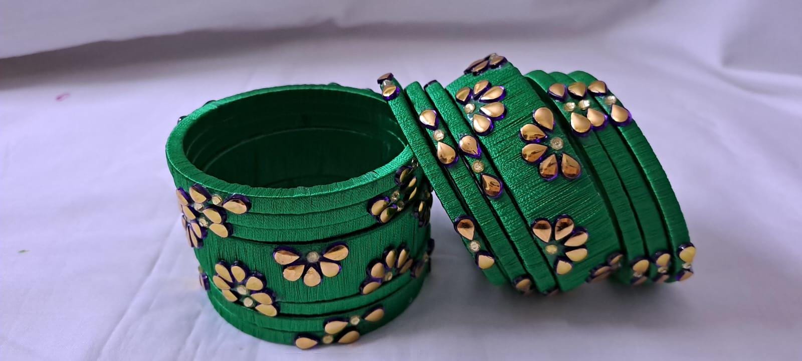 Green colour traditional thread kundan bangles with zari bangle box
