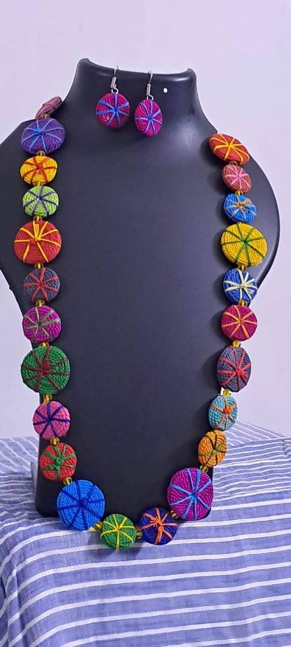 Exclusive multicoloured flat thread beads long necklace set with matching earrings (pink)