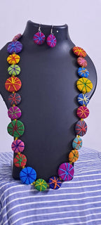 Exclusive multicoloured flat thread beads long necklace set with matching earrings (pink)