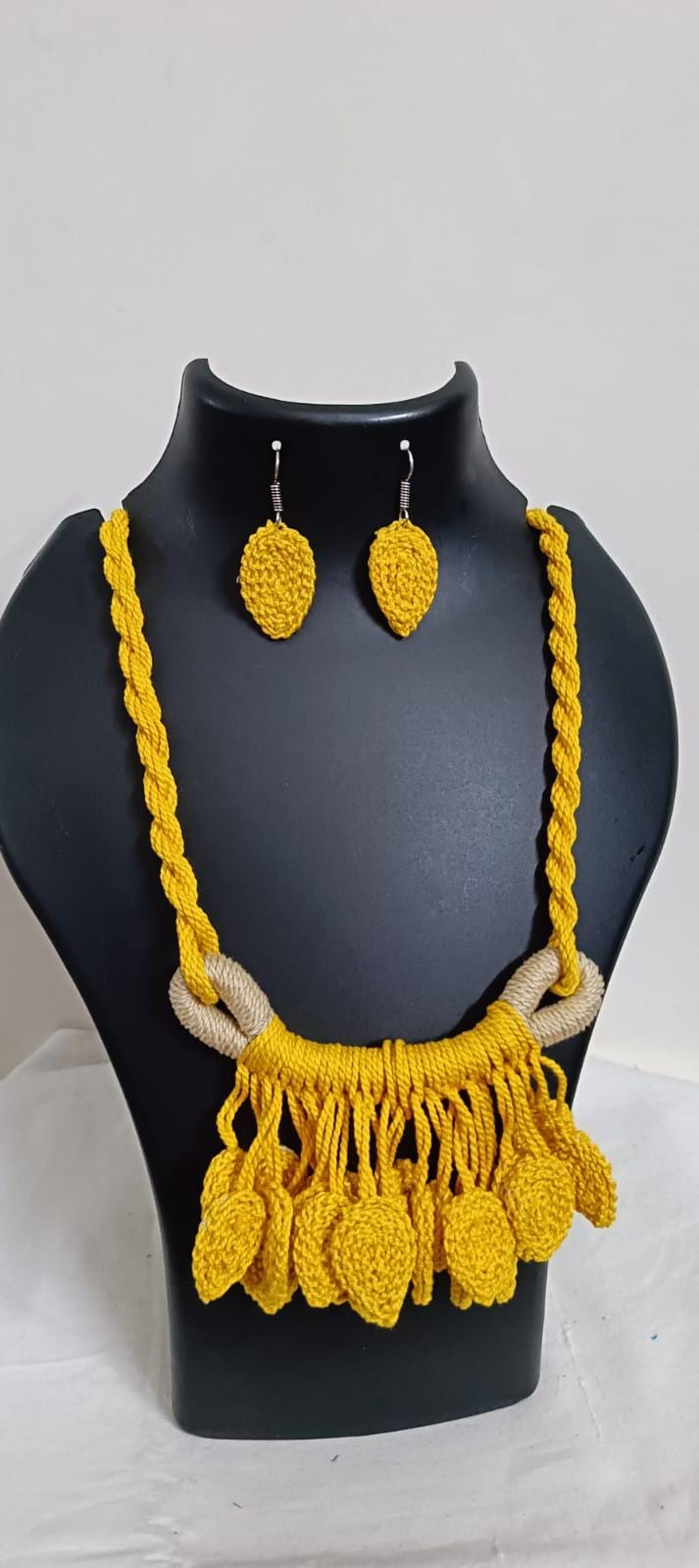 Yellow Crochet thread necklace set with leaf fringes and matching earrings