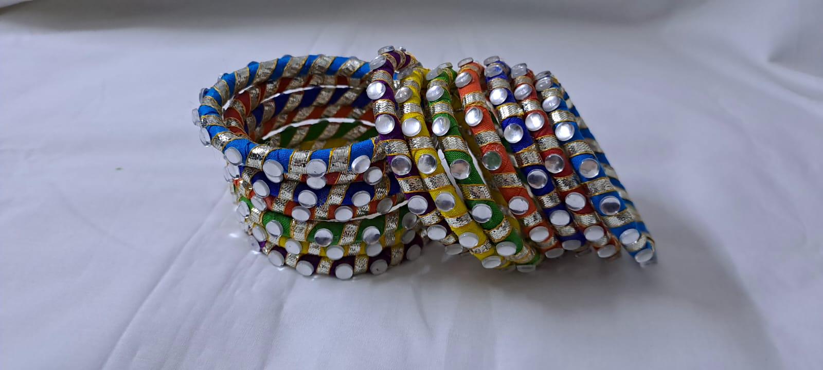 Multi colour traditional zari thread bangles with kundan (set of 14 bangles)
