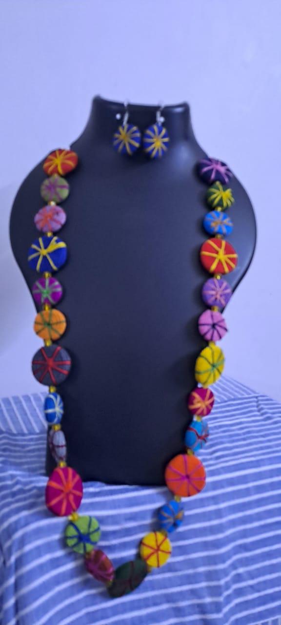 Exclusive multicoloured flat thread beads long necklace set with matching earrings (blue)
