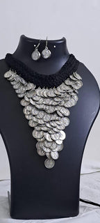 Braided black choker necklace set with multi layered fringes n matching earrings