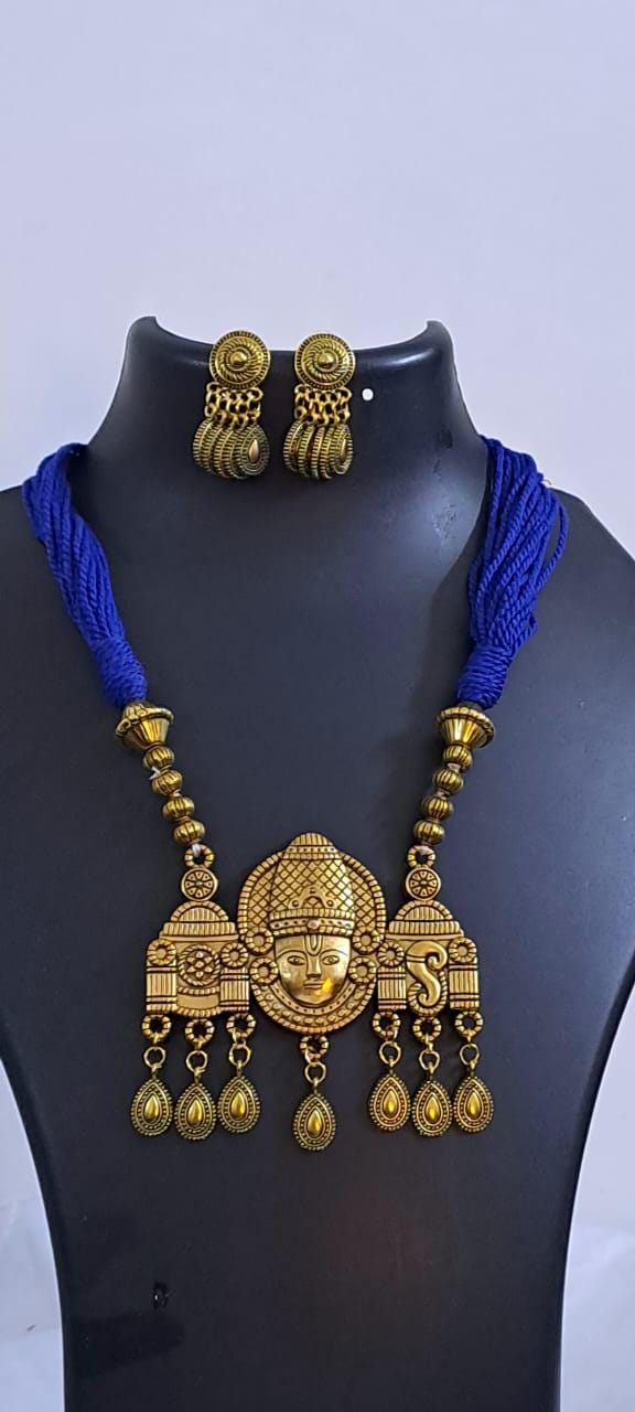 Royal blue thread necklace with Golden oxidised traditional pendant