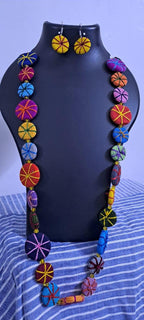 Exclusive multicoloured flat thread beads long necklace set with matching earrings (yellow)