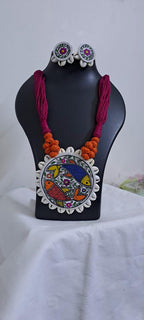 Handpainted fabric jewellery set with matching earrings