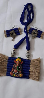 Terracotta Ganesha pendant jute necklace set with matching earrings