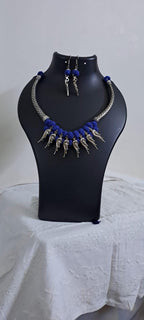 Blue thread necklace with kolhapuri silver oxidised traditional beads and matching earrings