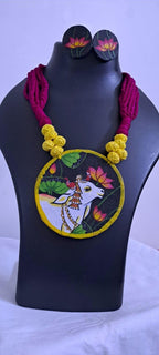 Handpainted fabric jewellery set with matching earrings