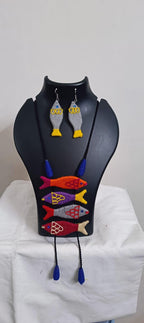 Multi colour crochet thread necklace with fish pendant and matching thread earrings