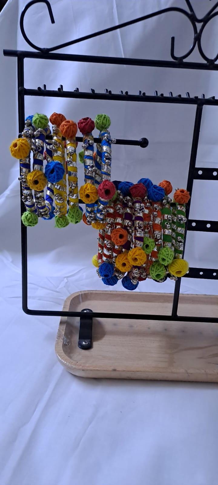 Multi colour traditional zari thread bangles with cotton beads (set of 14 bangles)