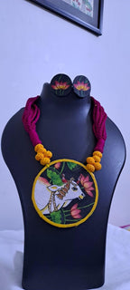 Handpainted fabric jewellery set with matching earrings