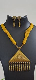 Yellow thread necklace with Golden oxidised traditional pendant