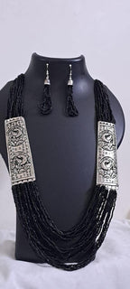 Exclusive silver oxidised set with layers of black seed beads n matching earrings