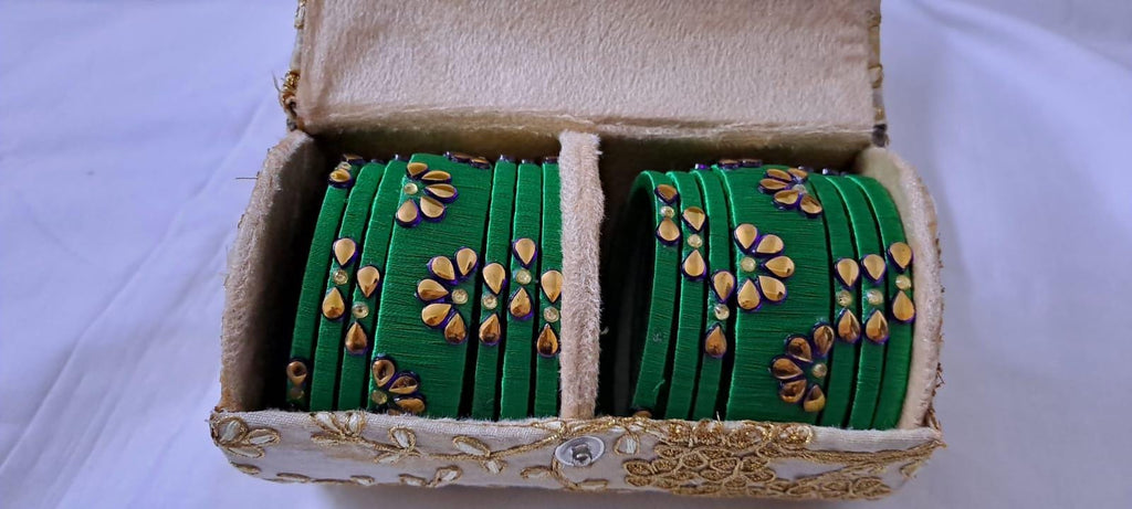 Green colour traditional thread kundan bangles with zari bangle box