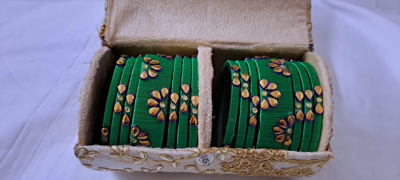 Green colour traditional thread kundan bangles with zari bangle box