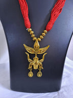 Red thread necklace with golden oxidised Durga pendant n matching earrings