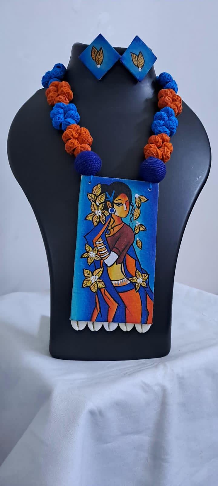 Handpainted fabric necklace set with earrings