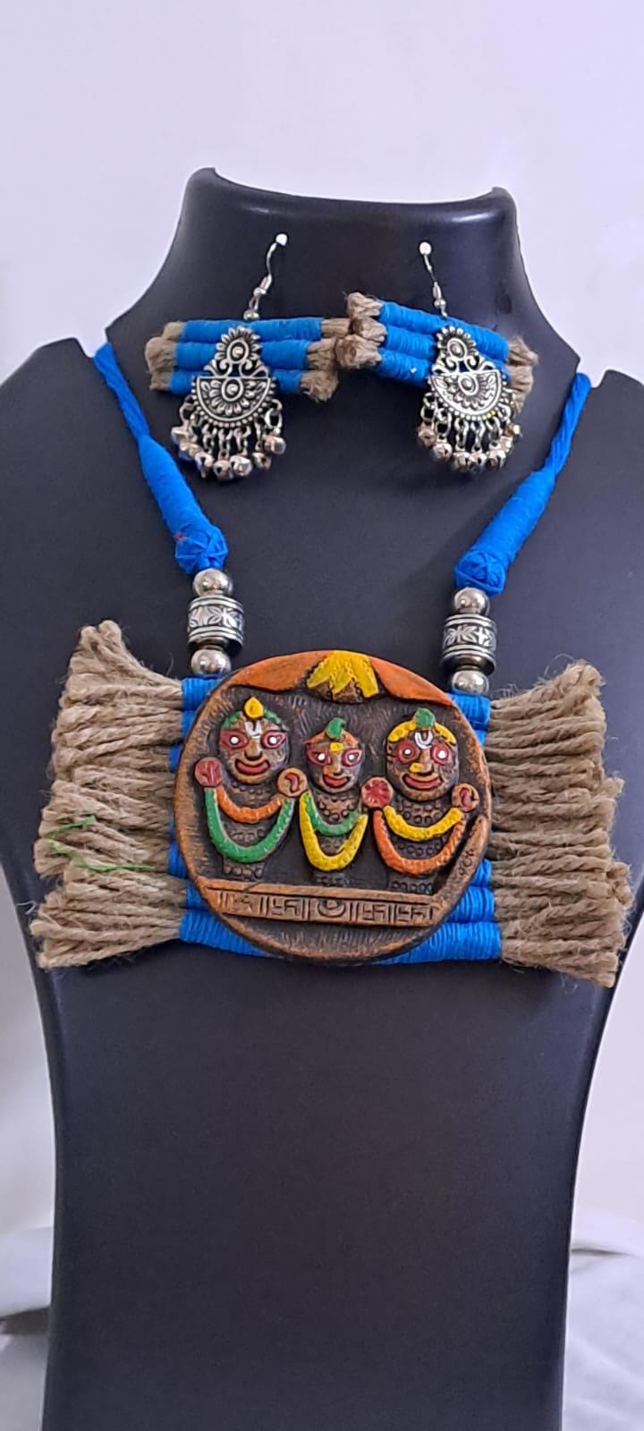 Terracotta Lord Jagannath pendant jute necklace set with matching earrings