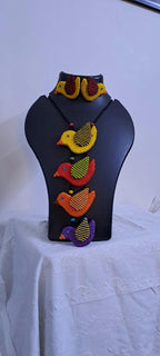 Multi coloured bird necklace and matching earrings
