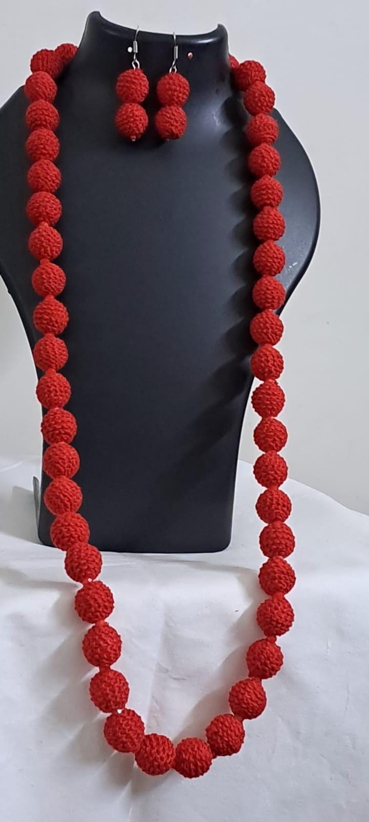 Exclusive red colour thread beads long necklace set with matching earrings
