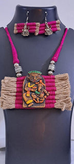 Terracotta Ganesha & Parvati pendant jute necklace set with matching earrings
