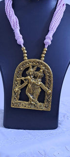 Radha Krishna golden oxidised pendant necklace in pink tread with matching earrings