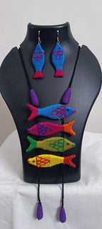 Multi colour crochet thread necklace with fish pendant and matching thread earrings