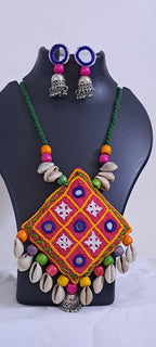 Hand embroidered Kutch Pattern fabric necklace set with matching earrings