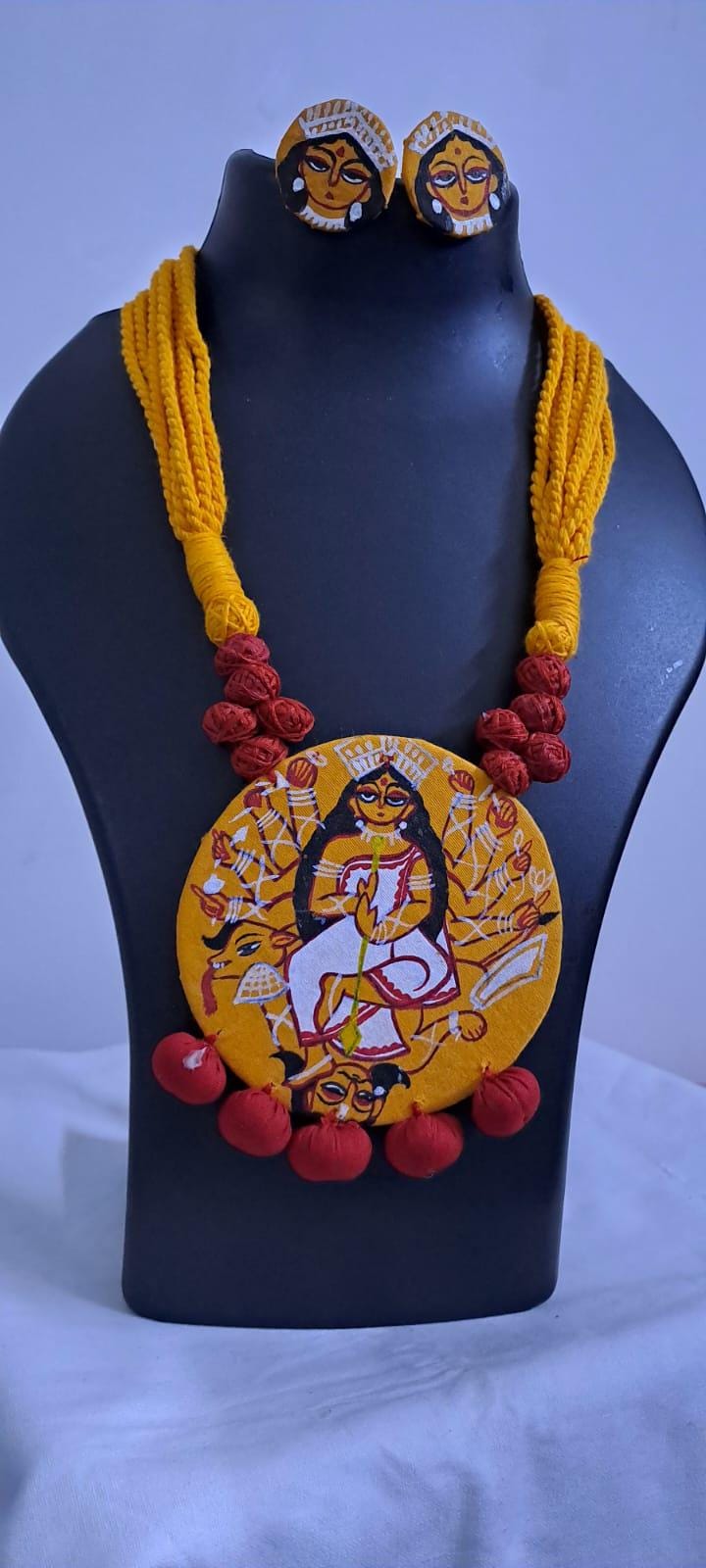 Handpainted fabric jewellery set with matching earrings