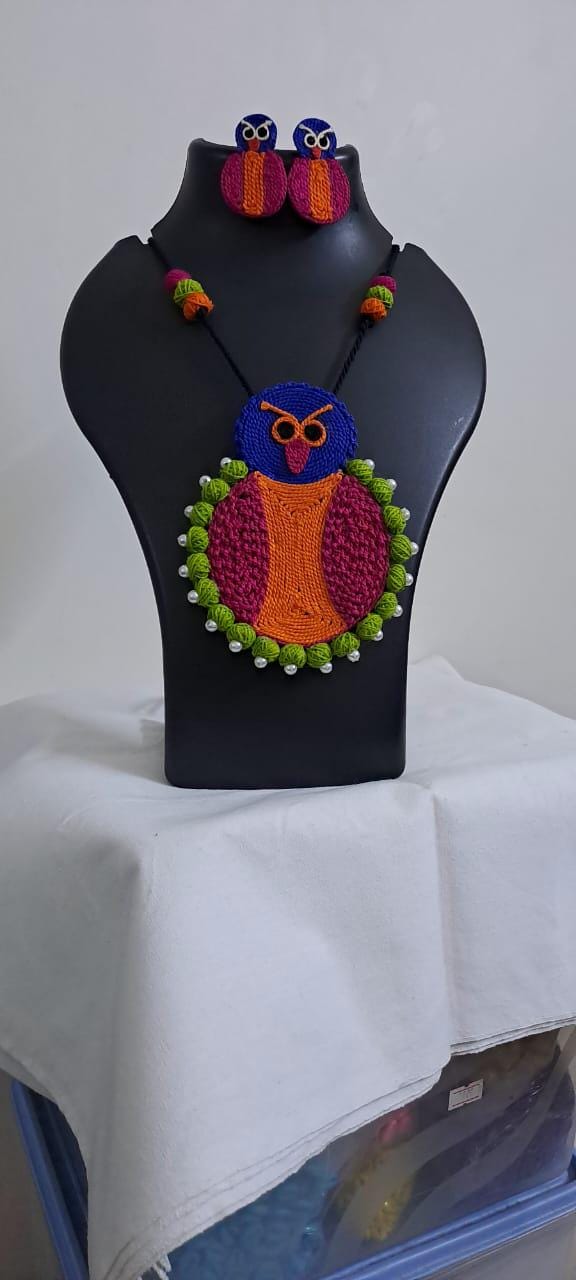 Handmade thread jewellery necklace set with owl pendant and matching earrings