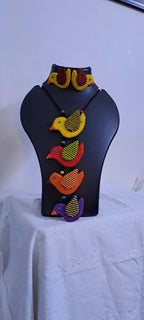 Multi coloured bird necklace and matching earrings