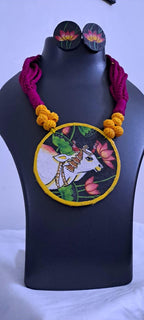 Handpainted fabric jewellery set with matching earrings