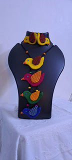 Multi coloured bird necklace and matching earrings