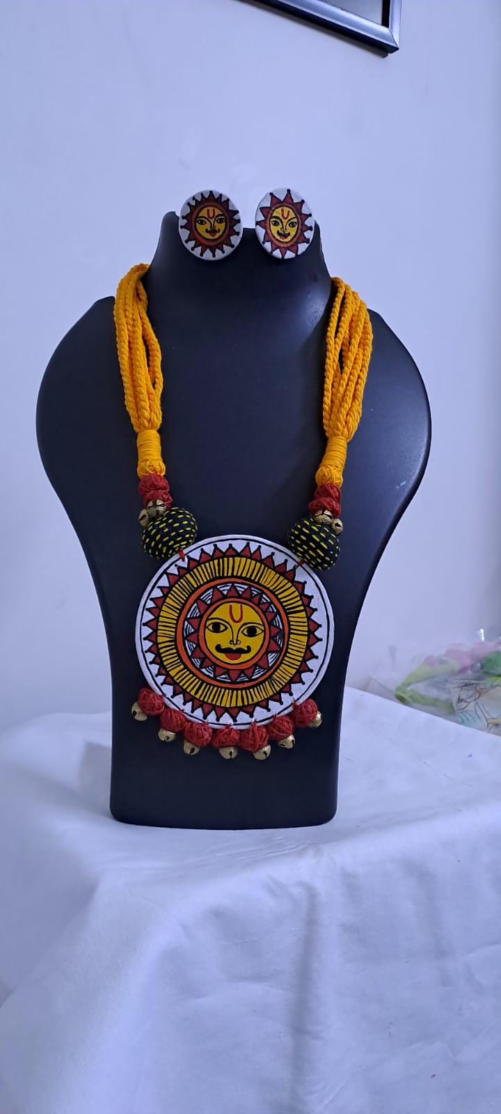 Handpainted fabric jewellery set with matching earrings