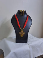 Red thread jewellery set with golden durga pendant n matching earrings