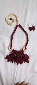 Maroon Crochet thread necklace set with leaf fringes and matching earrings