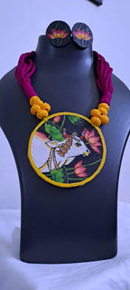 Handpainted fabric jewellery set with matching earrings