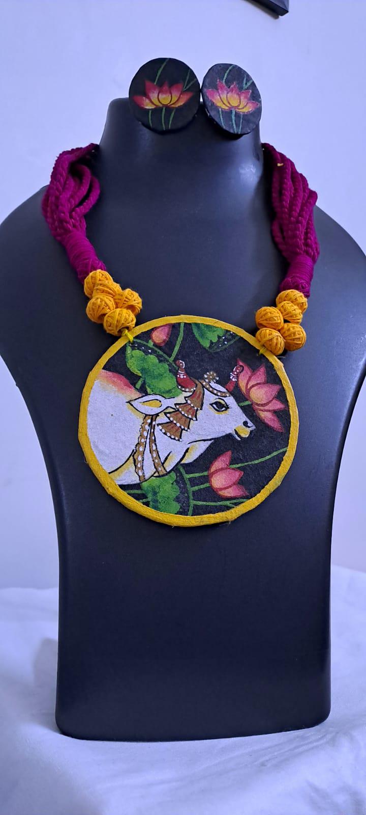 Handpainted fabric jewellery set with matching earrings