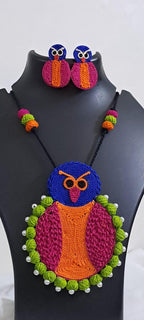 Handmade thread jewellery necklace set with owl pendant and matching earrings