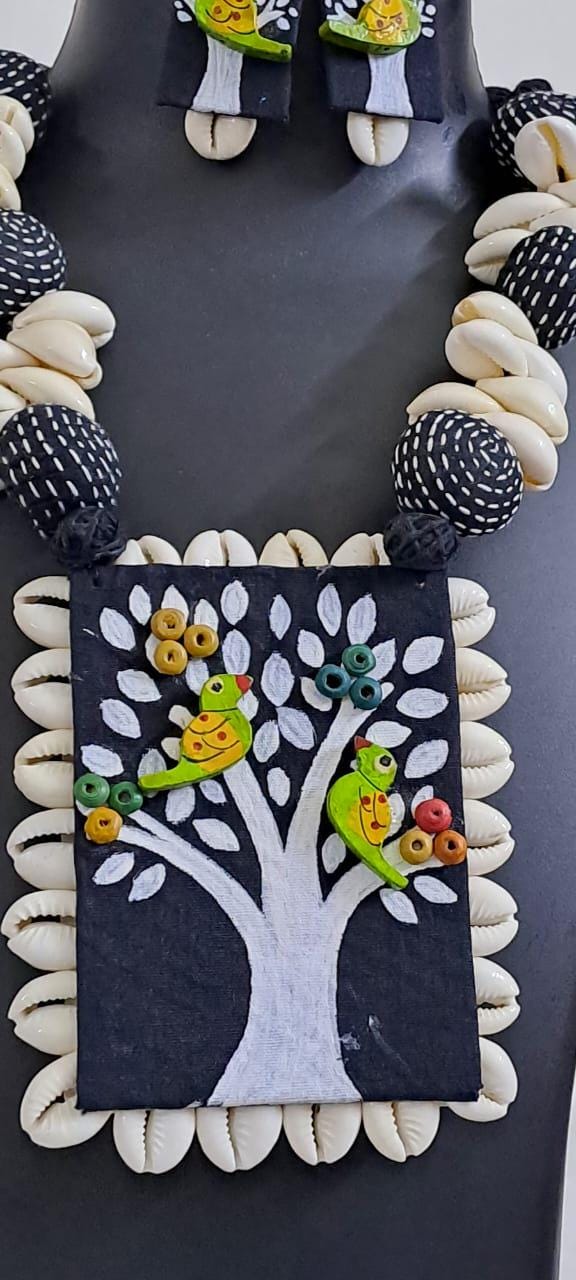 Handpainted fabric jewellery set with matching earrings