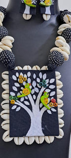 Handpainted fabric jewellery set with matching earrings