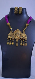 Pink thread necklace with Golden oxidised traditional pendant
