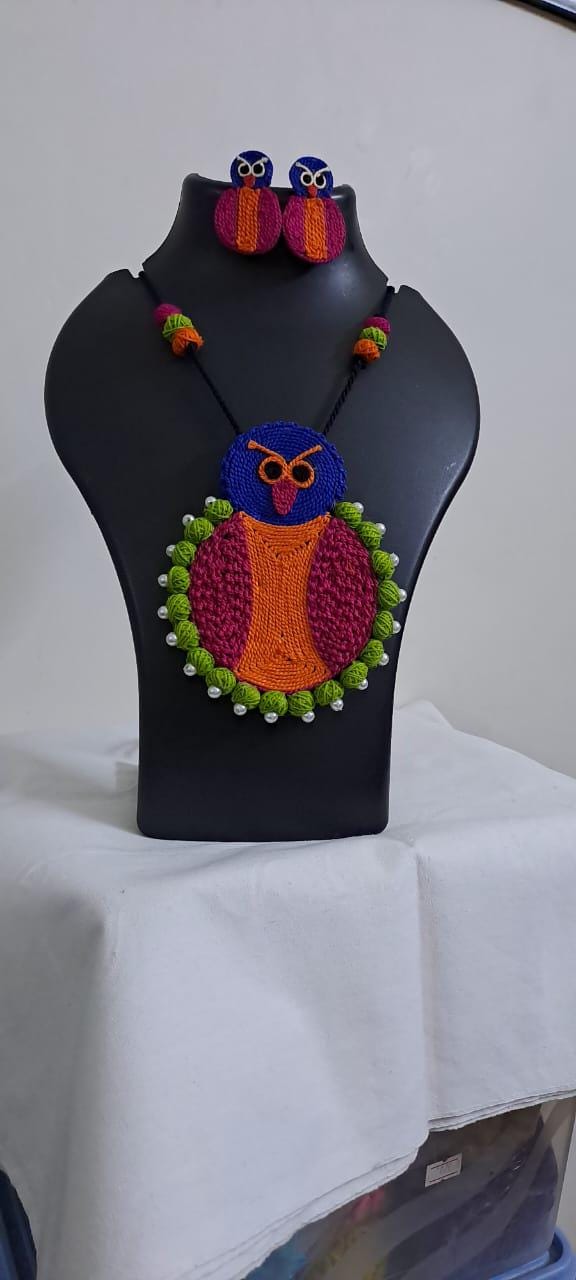 Handmade thread jewellery necklace set with owl pendant and matching earrings