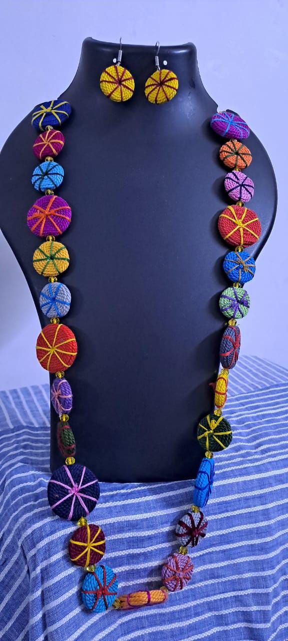 Exclusive multicoloured flat thread beads long necklace set with matching earrings (yellow)