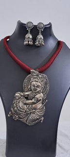Maroon thread necklace with silver oxidised krishna pendant