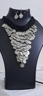 Braided black choker necklace set with multi layered fringes n matching earrings