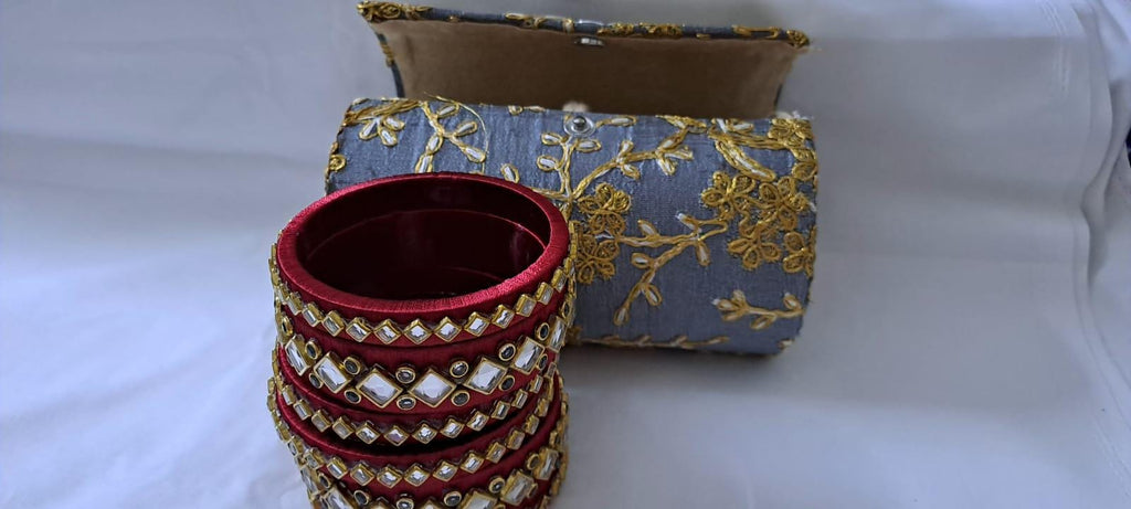 Maroon colour traditional thread kundan bangles with zari bangle box